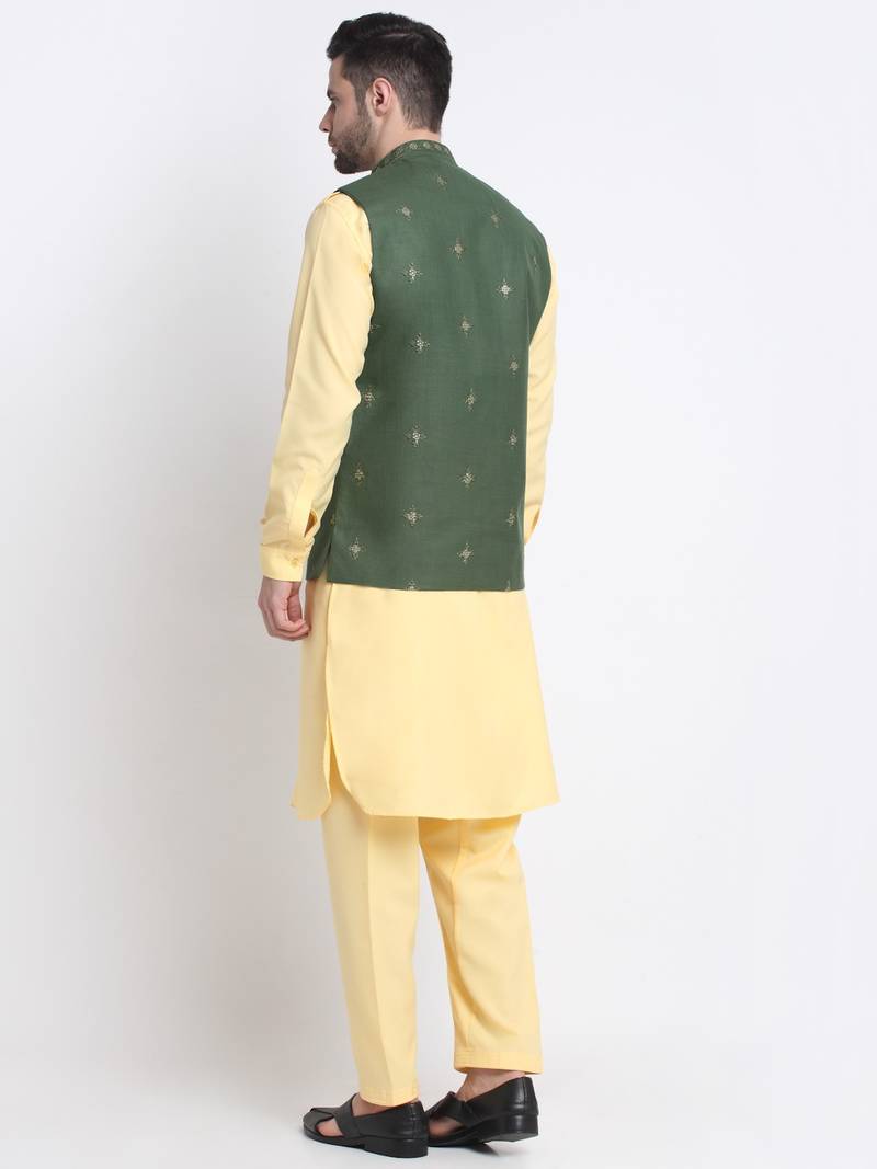 Men Cotton Yellow Pathani Kurta & Salwar with Green Jacket