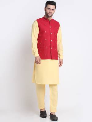 Men Cotton Yellow Pathani Kurta & Salwar with Red Jacket 1