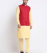 Men Cotton Yellow Pathani Kurta & Salwar with Red Jacket