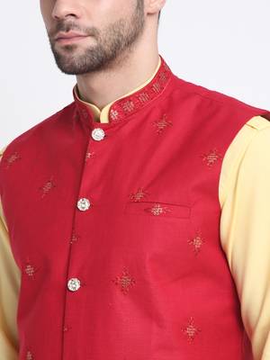 Men Cotton Yellow Pathani Kurta & Salwar with Red Jacket 2