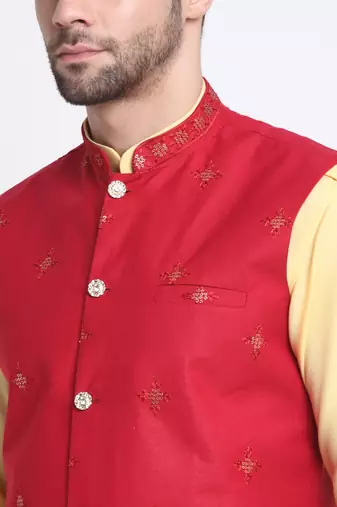 Men Cotton Yellow Pathani Kurta & Salwar with Red Jacket