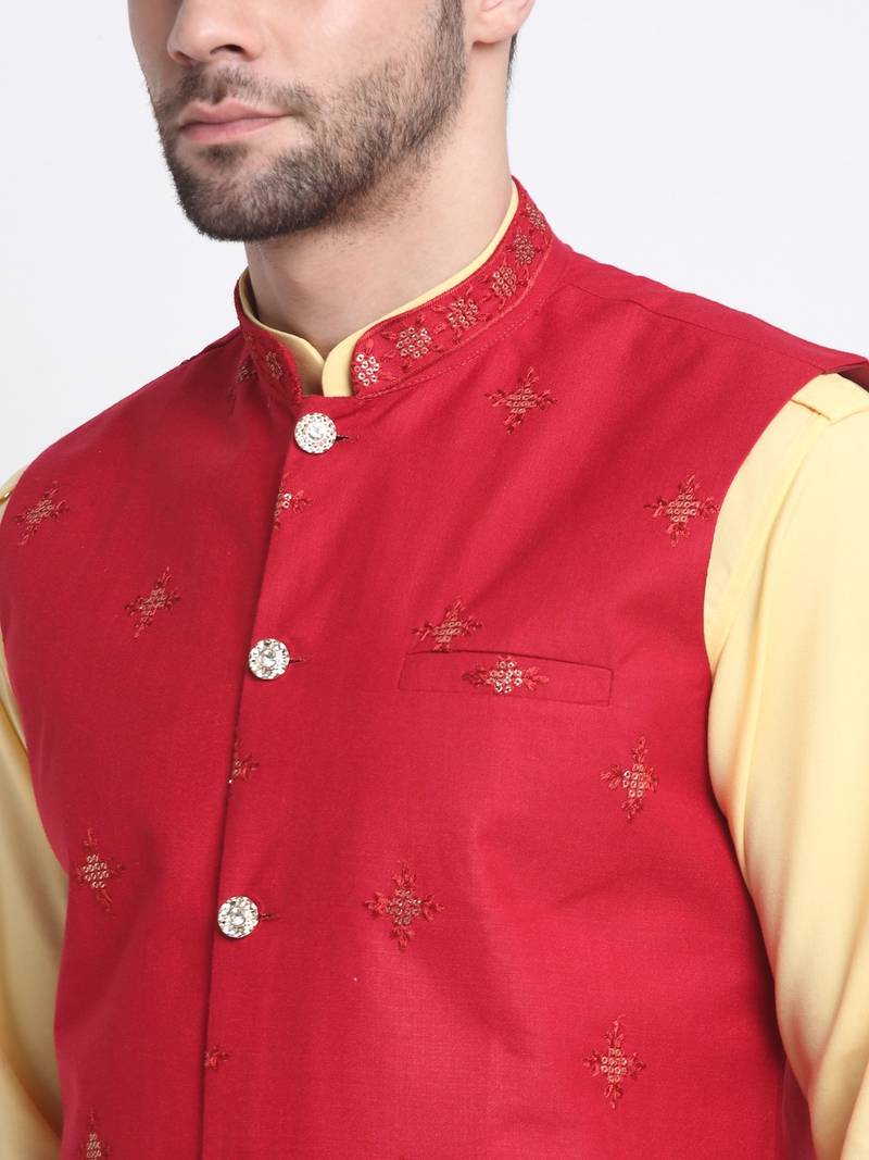 Men Cotton Yellow Pathani Kurta & Salwar with Red Jacket