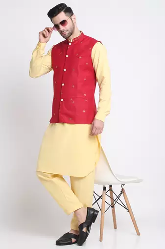 Men Cotton Yellow Pathani Kurta & Salwar with Red Jacket