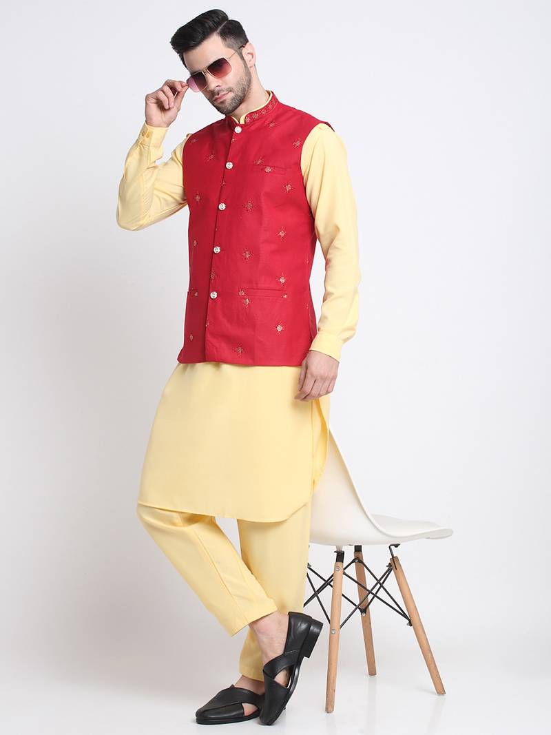 Men Cotton Yellow Pathani Kurta & Salwar with Red Jacket