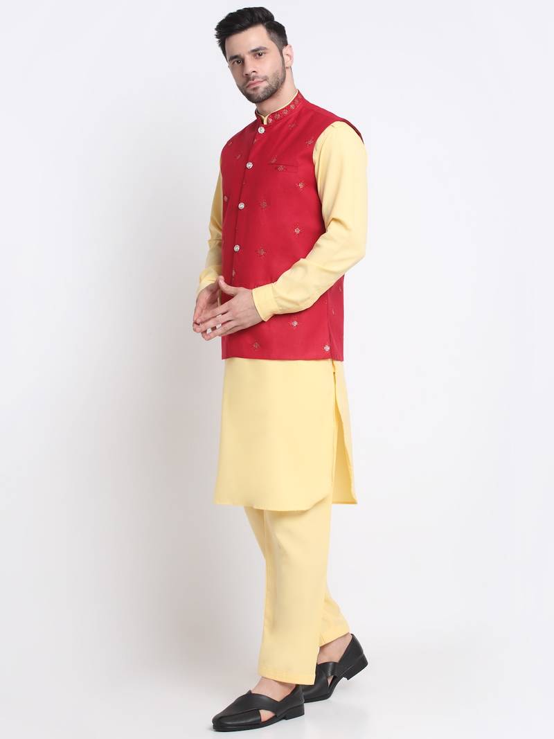 Men Cotton Yellow Pathani Kurta & Salwar with Red Jacket