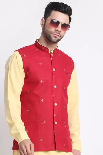 Men Cotton Yellow Pathani Kurta & Salwar with Red Jacket