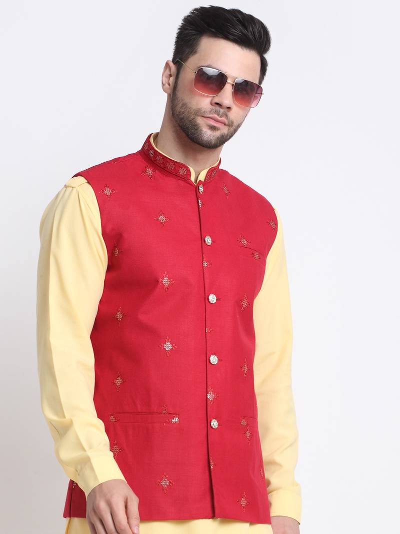 Men Cotton Yellow Pathani Kurta & Salwar with Red Jacket