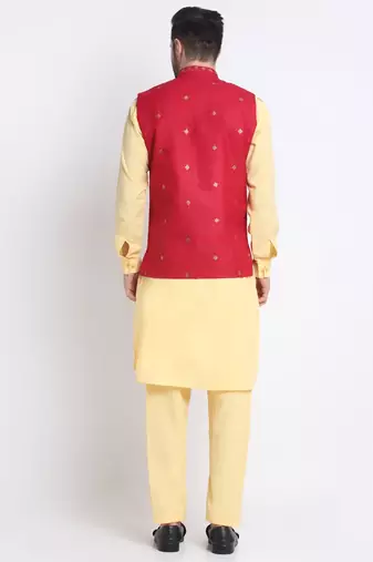 Men Cotton Yellow Pathani Kurta & Salwar with Red Jacket