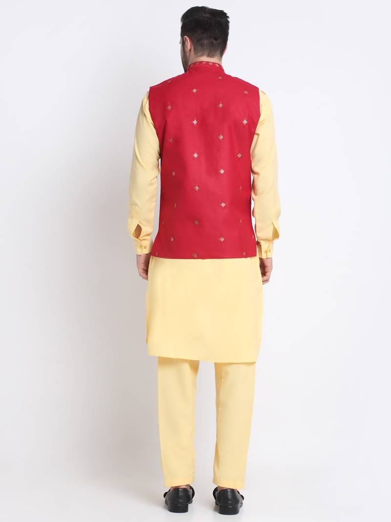 Men Cotton Yellow Pathani Kurta & Salwar with Red Jacket