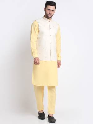 Men Cotton Yellow Pathani Kurta & Salwar with White Jacket 1