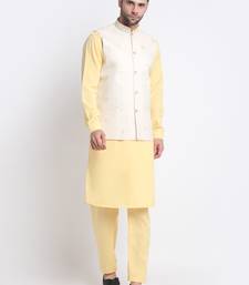 Men Cotton Yellow Pathani Kurta & Salwar with White Jacket