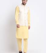 Men Cotton Yellow Pathani Kurta & Salwar with White Jacket