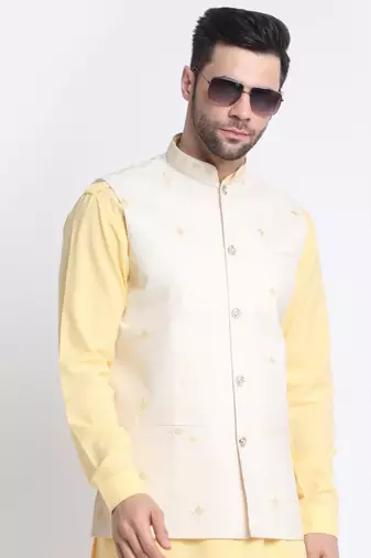 Men Cotton Yellow Pathani Kurta & Salwar with White Jacket