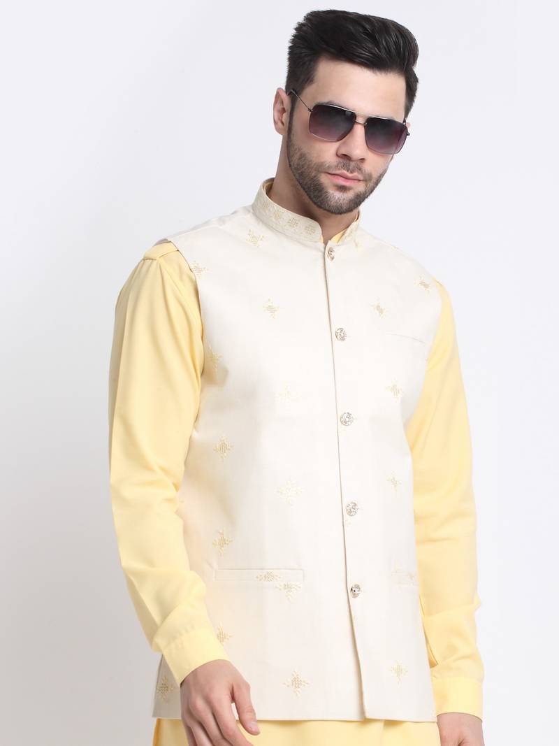 Men Cotton Yellow Pathani Kurta & Salwar with White Jacket