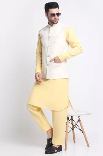 Men Cotton Yellow Pathani Kurta & Salwar with White Jacket