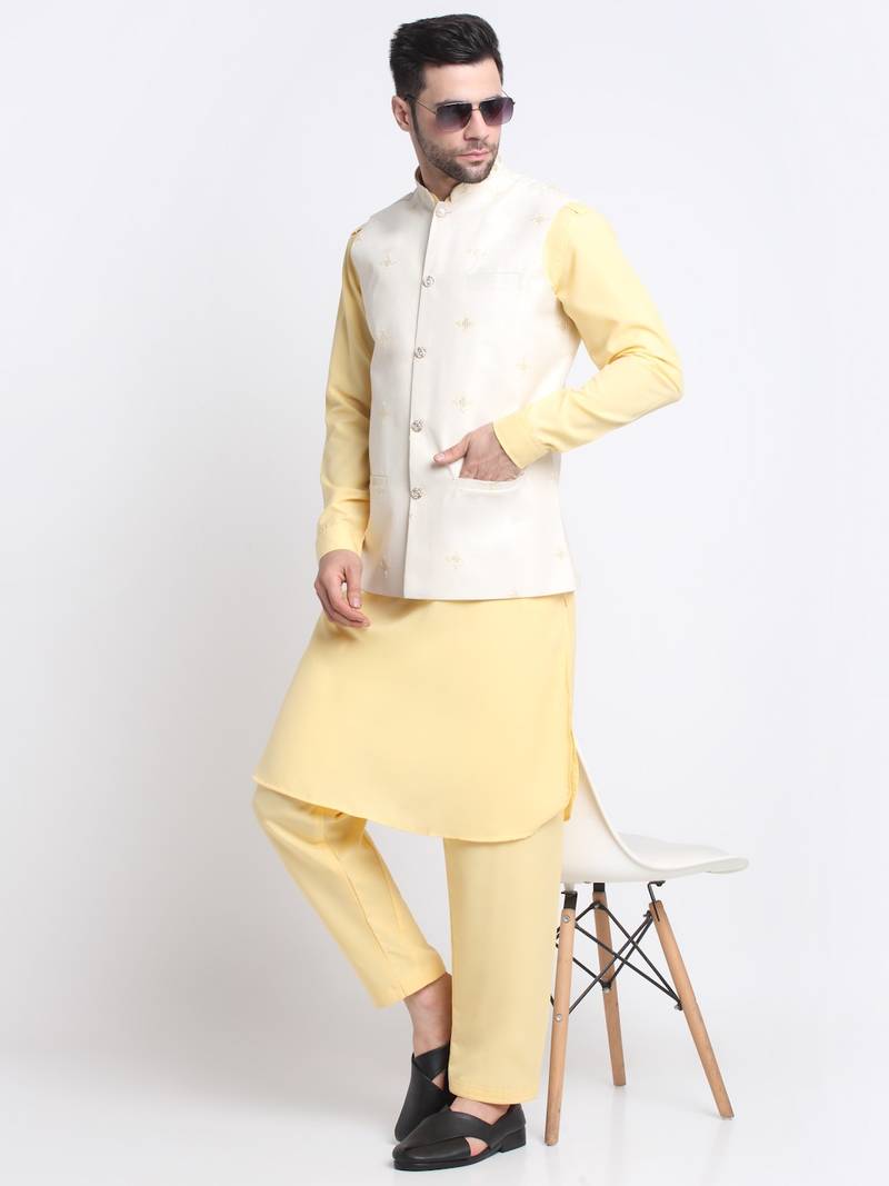 Men Cotton Yellow Pathani Kurta & Salwar with White Jacket