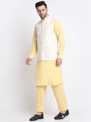 Men Cotton Yellow Pathani Kurta & Salwar with White Jacket 4