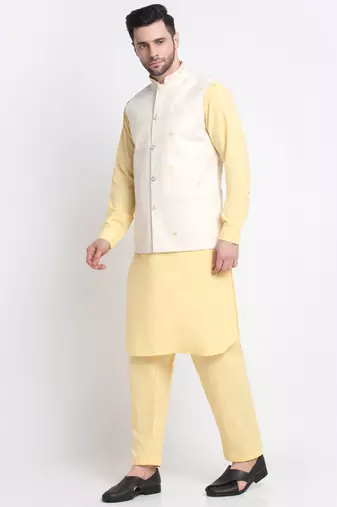 Men Cotton Yellow Pathani Kurta & Salwar with White Jacket