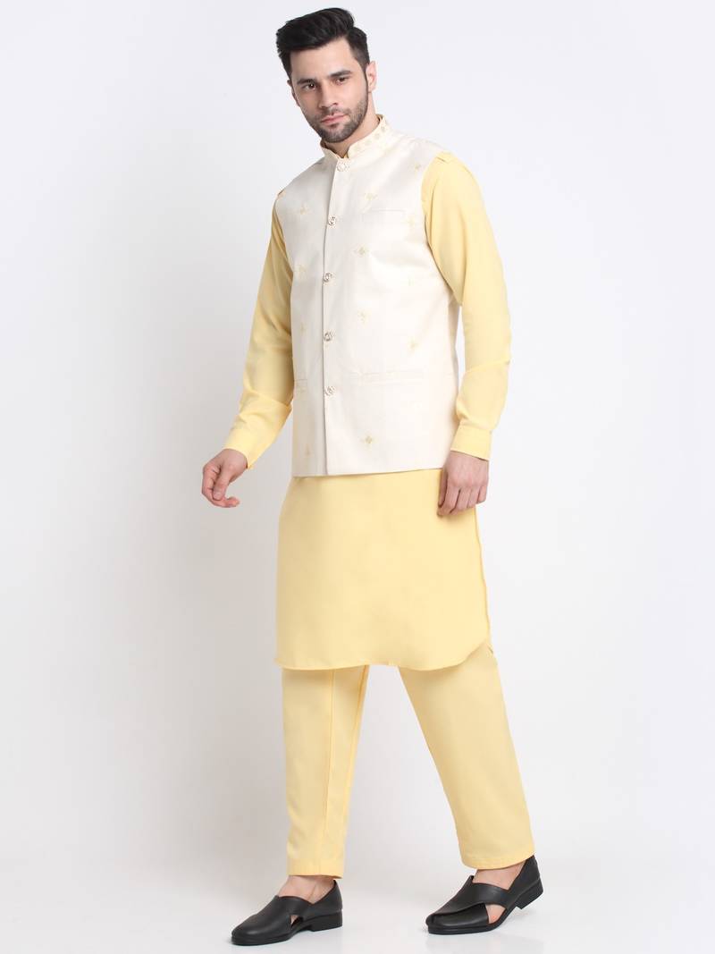 Men Cotton Yellow Pathani Kurta & Salwar with White Jacket