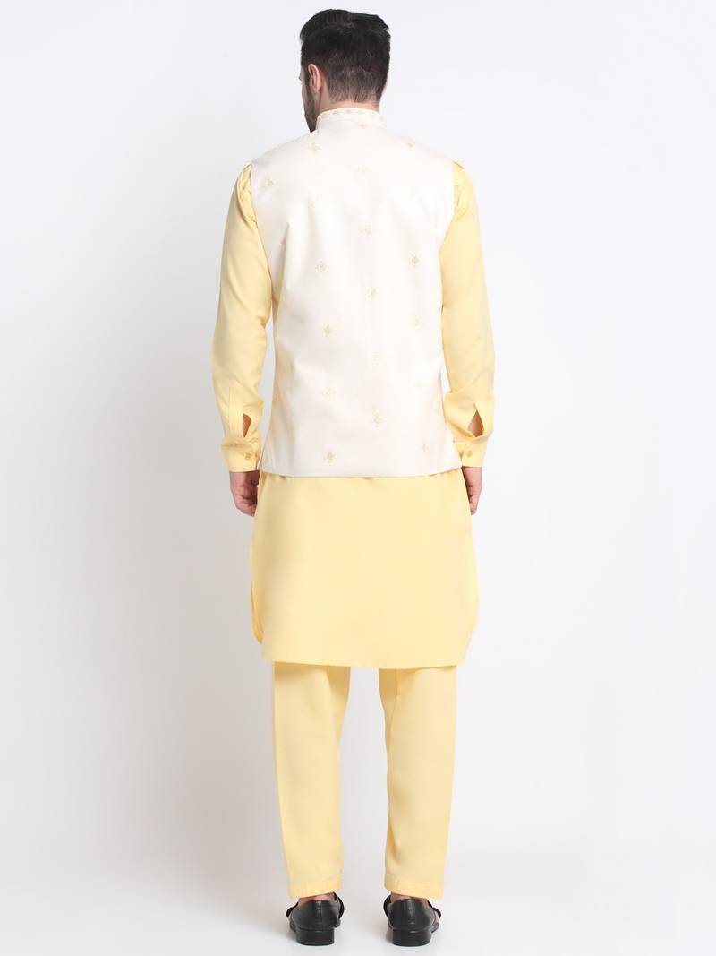 Men Cotton Yellow Pathani Kurta & Salwar with White Jacket
