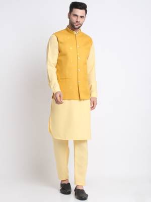 Men Cotton Yellow Pathani Kurta & Salwar with Yellow Jacket 1