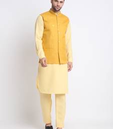 Men Cotton Yellow Pathani Kurta & Salwar with Yellow Jacket