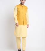 Men Cotton Yellow Pathani Kurta & Salwar with Yellow Jacket