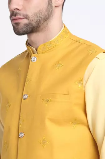 Men Cotton Yellow Pathani Kurta & Salwar with Yellow Jacket