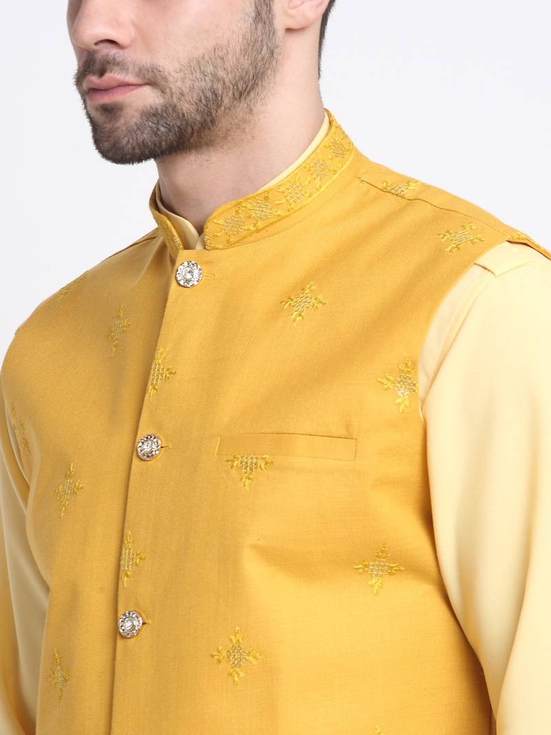 Men Cotton Yellow Pathani Kurta & Salwar with Yellow Jacket
