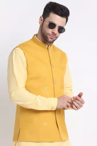 Men Cotton Yellow Pathani Kurta & Salwar with Yellow Jacket