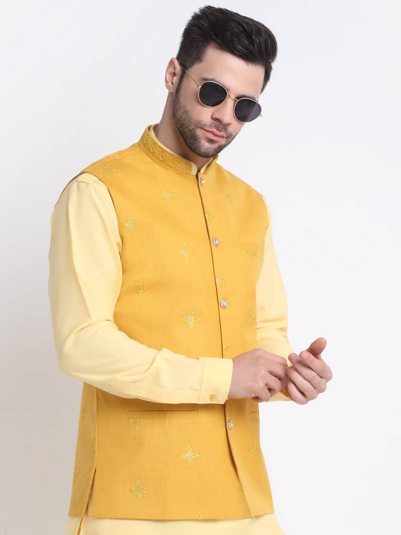 Men Cotton Yellow Pathani Kurta & Salwar with Yellow Jacket