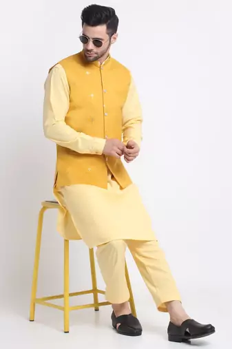 Men Cotton Yellow Pathani Kurta & Salwar with Yellow Jacket