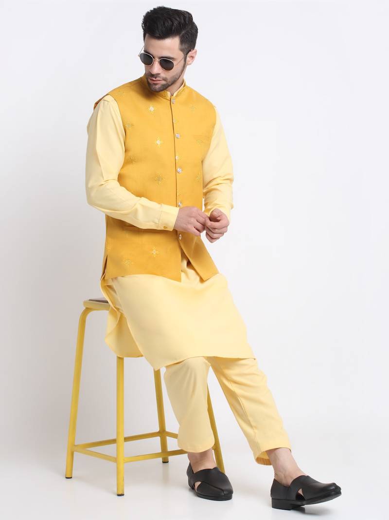 Men Cotton Yellow Pathani Kurta & Salwar with Yellow Jacket