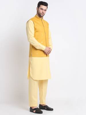 Men Cotton Yellow Pathani Kurta & Salwar with Yellow Jacket 5