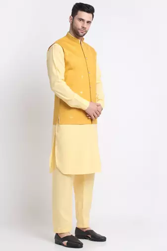 Men Cotton Yellow Pathani Kurta & Salwar with Yellow Jacket