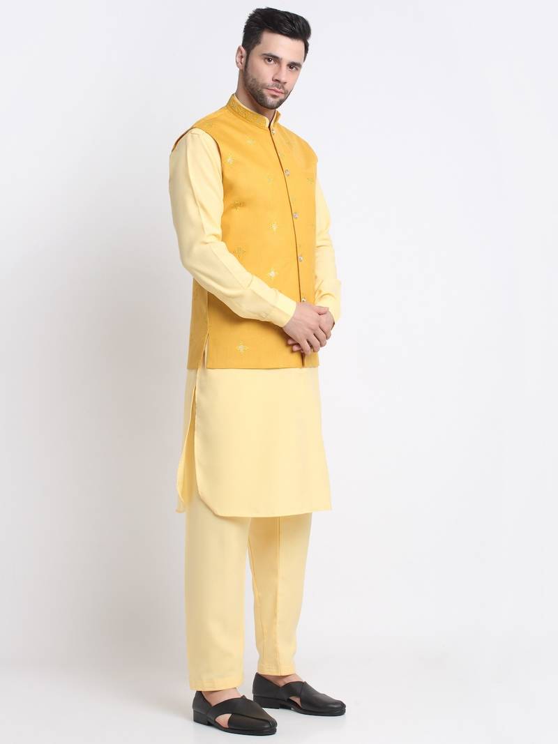 Men Cotton Yellow Pathani Kurta & Salwar with Yellow Jacket