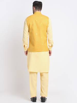 Men Cotton Yellow Pathani Kurta & Salwar with Yellow Jacket 6