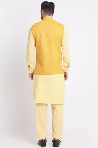Men Cotton Yellow Pathani Kurta & Salwar with Yellow Jacket
