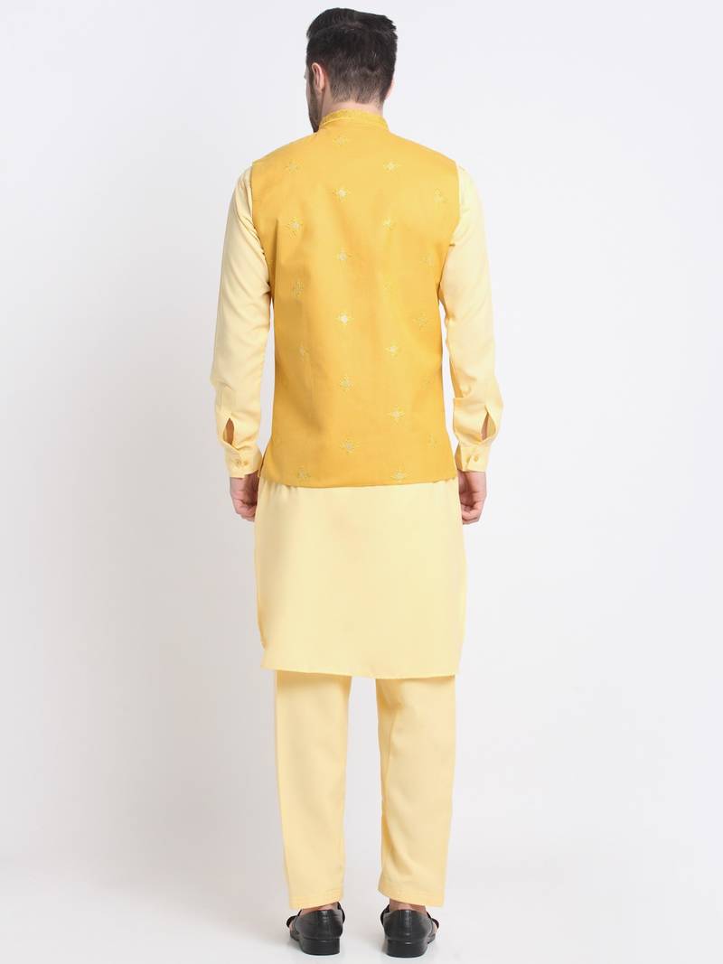 Men Cotton Yellow Pathani Kurta & Salwar with Yellow Jacket