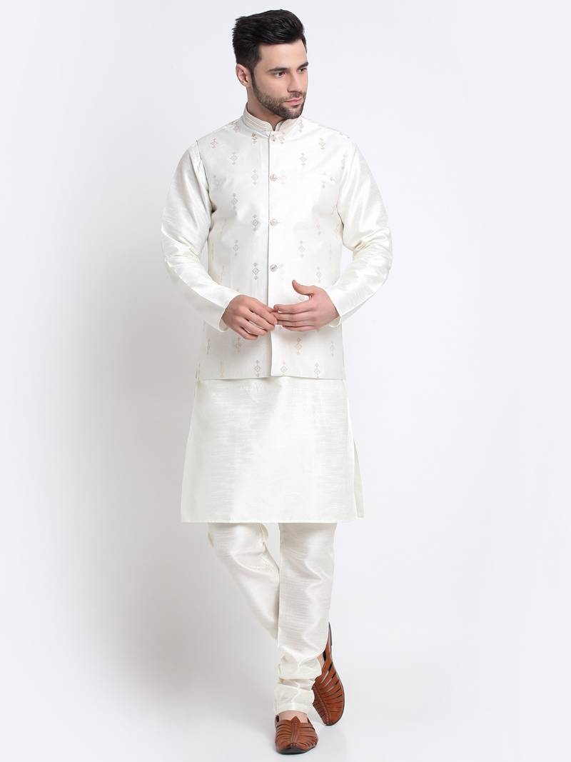 Men Cream Kurta & Churidar with Cream Nehru Jacket