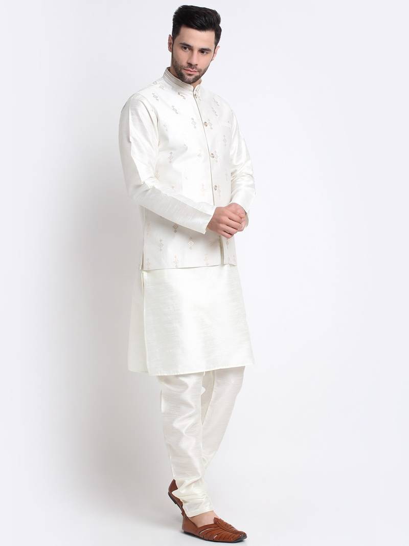 Men Cream Kurta & Churidar with Cream Nehru Jacket