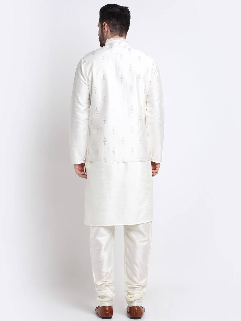 Men Cream Kurta & Churidar with Cream Nehru Jacket