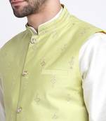 Men Cream Kurta & Churidar with Green Nehru Jacket