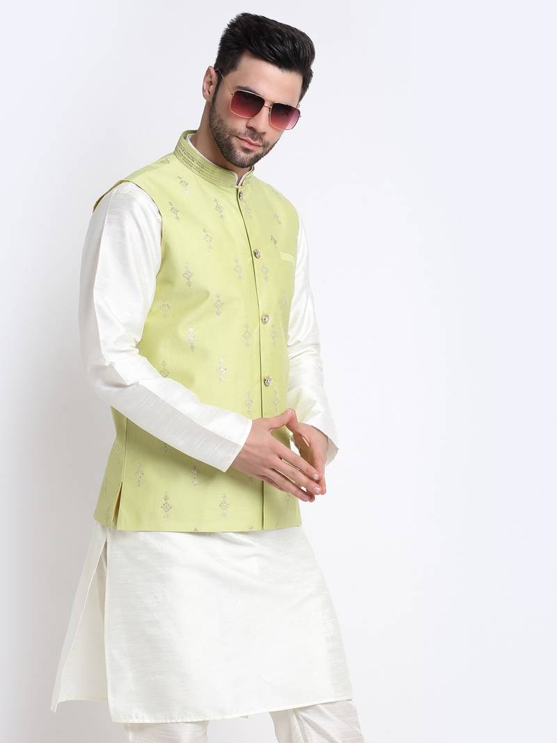 Men Cream Kurta & Churidar with Green Nehru Jacket