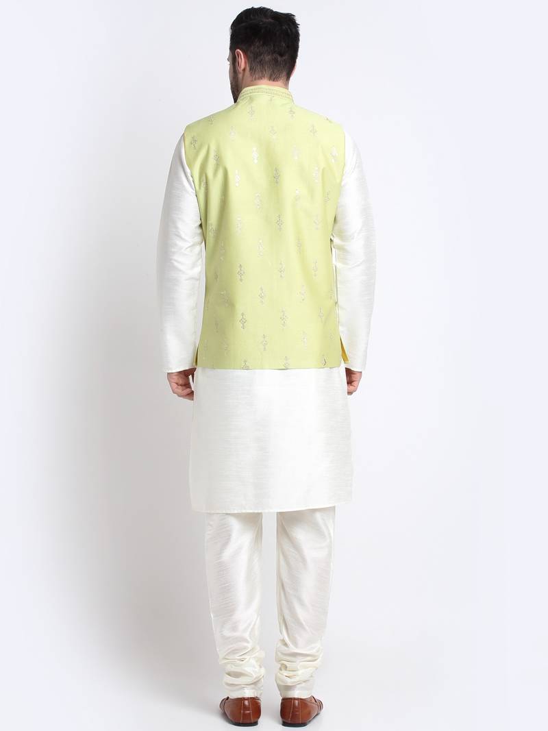 Men Cream Kurta & Churidar with Green Nehru Jacket