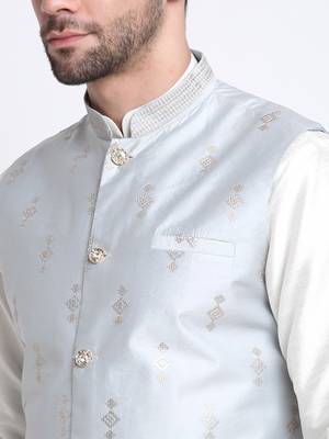 Men Cream Kurta & Churidar with Grey Nehru Jacket 2