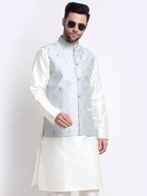Men Cream Kurta & Churidar with Grey Nehru Jacket 1