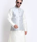 Men Cream Kurta & Churidar with Grey Nehru Jacket