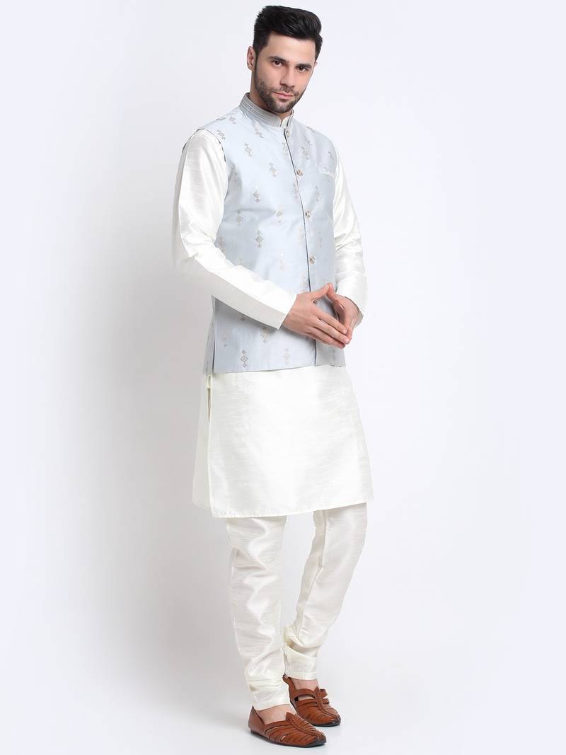 Men Cream Kurta & Churidar with Grey Nehru Jacket