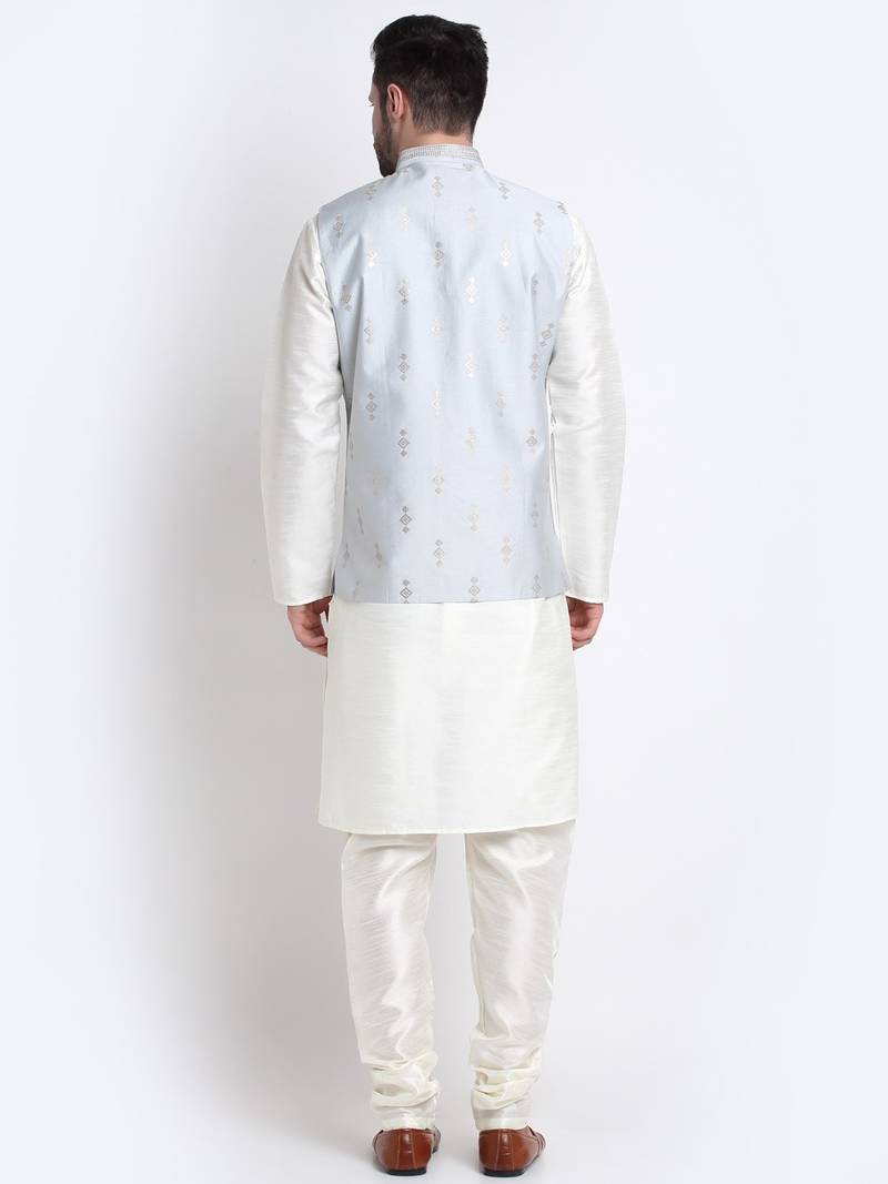 Men Cream Kurta & Churidar with Grey Nehru Jacket